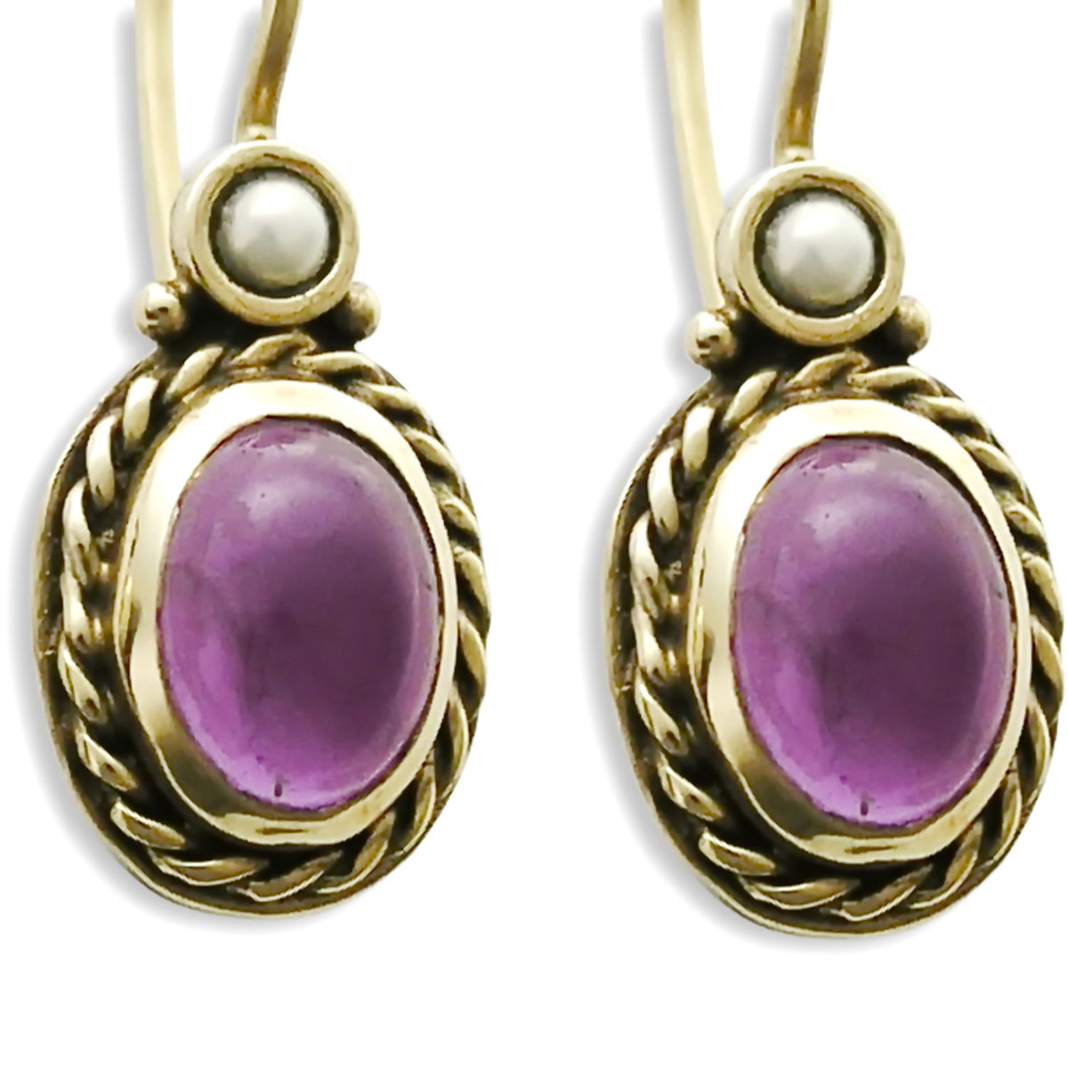 EG0732 Gold Drop Earrings with Oval Amethyst and Pearl