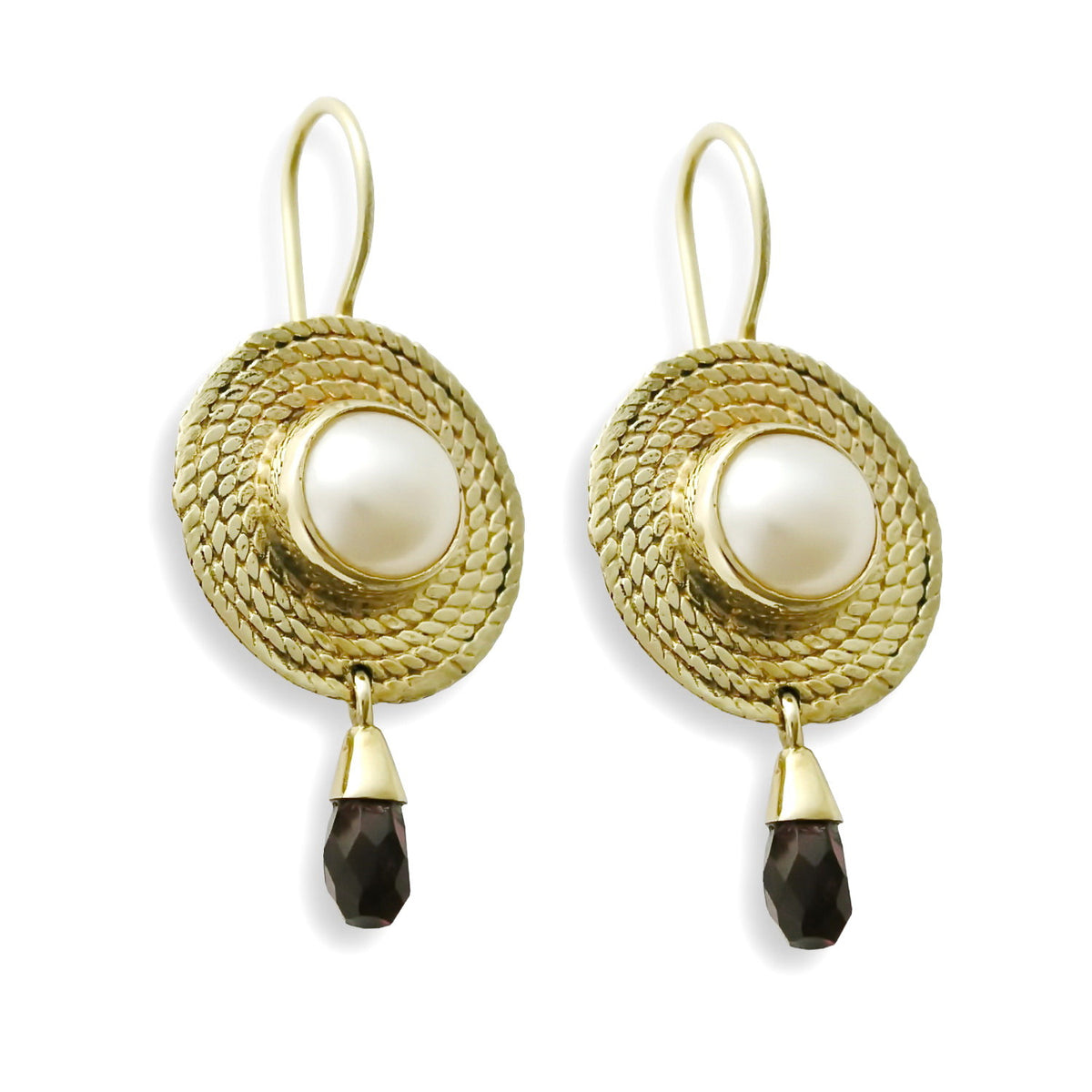 EG0763A Braided Gold Earrings with Pearl and Garnet