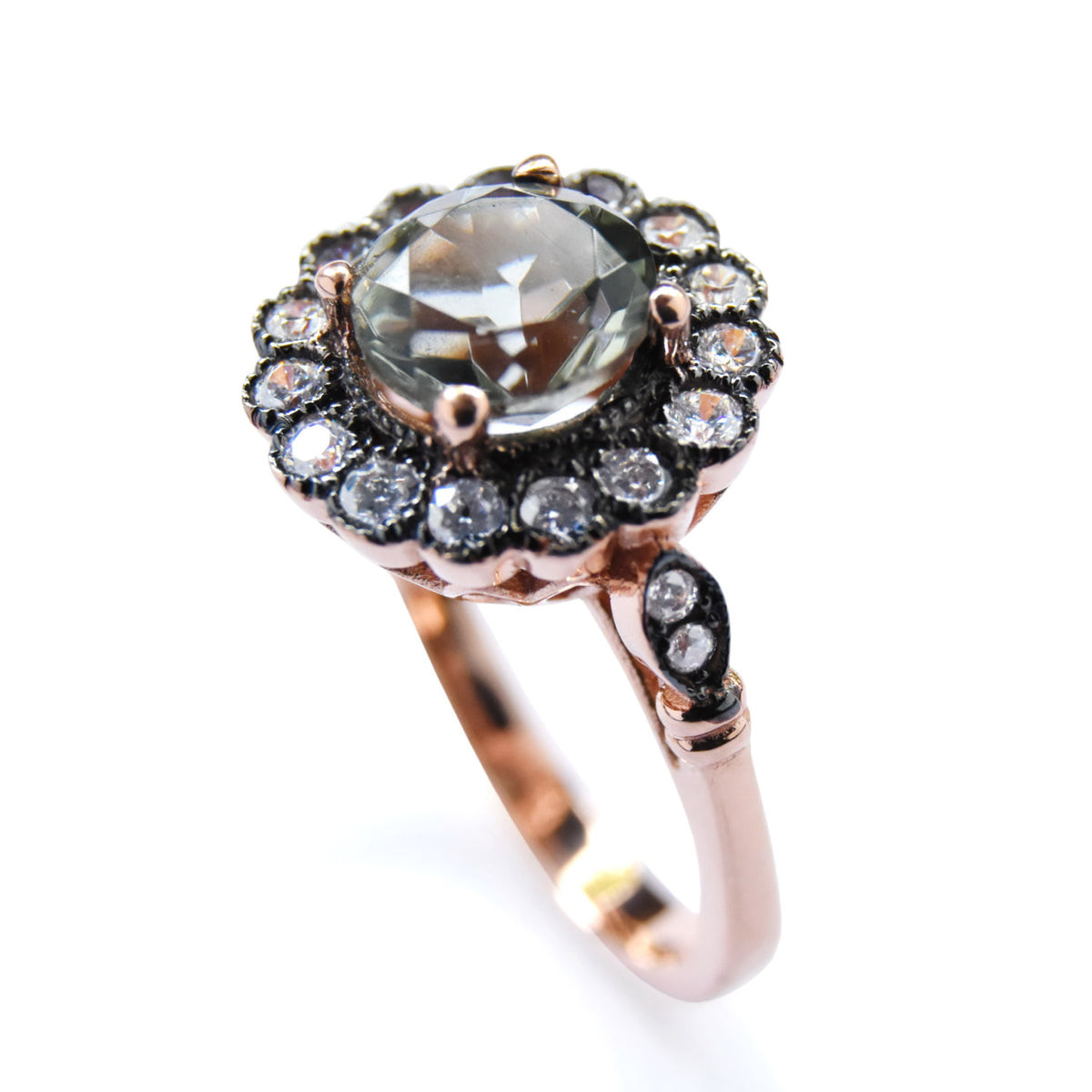 RG1812 Green Amethyst and Rose Gold flower ring