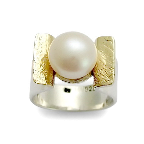 R1531A Pearl Gold and Silver Ring, Sterling silver and 9K yellow gold, Freshwater pearl Ring, Engagement pearl ring, Bridal Jewelry, Statement Gift