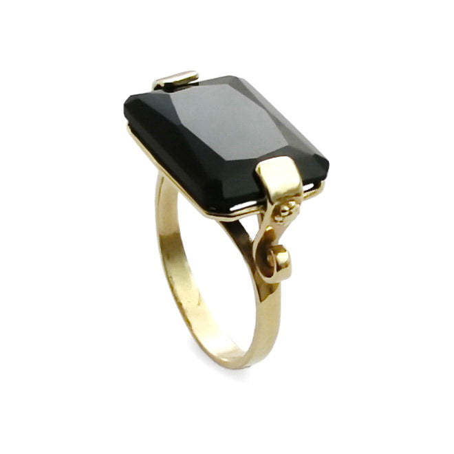 RG1242-1 Rectangle Black Onyx Ring with Dainty Gold Band