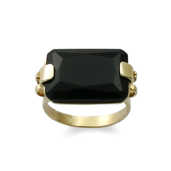 RG1242-1 Rectangle Black Onyx Ring with Dainty Gold Band