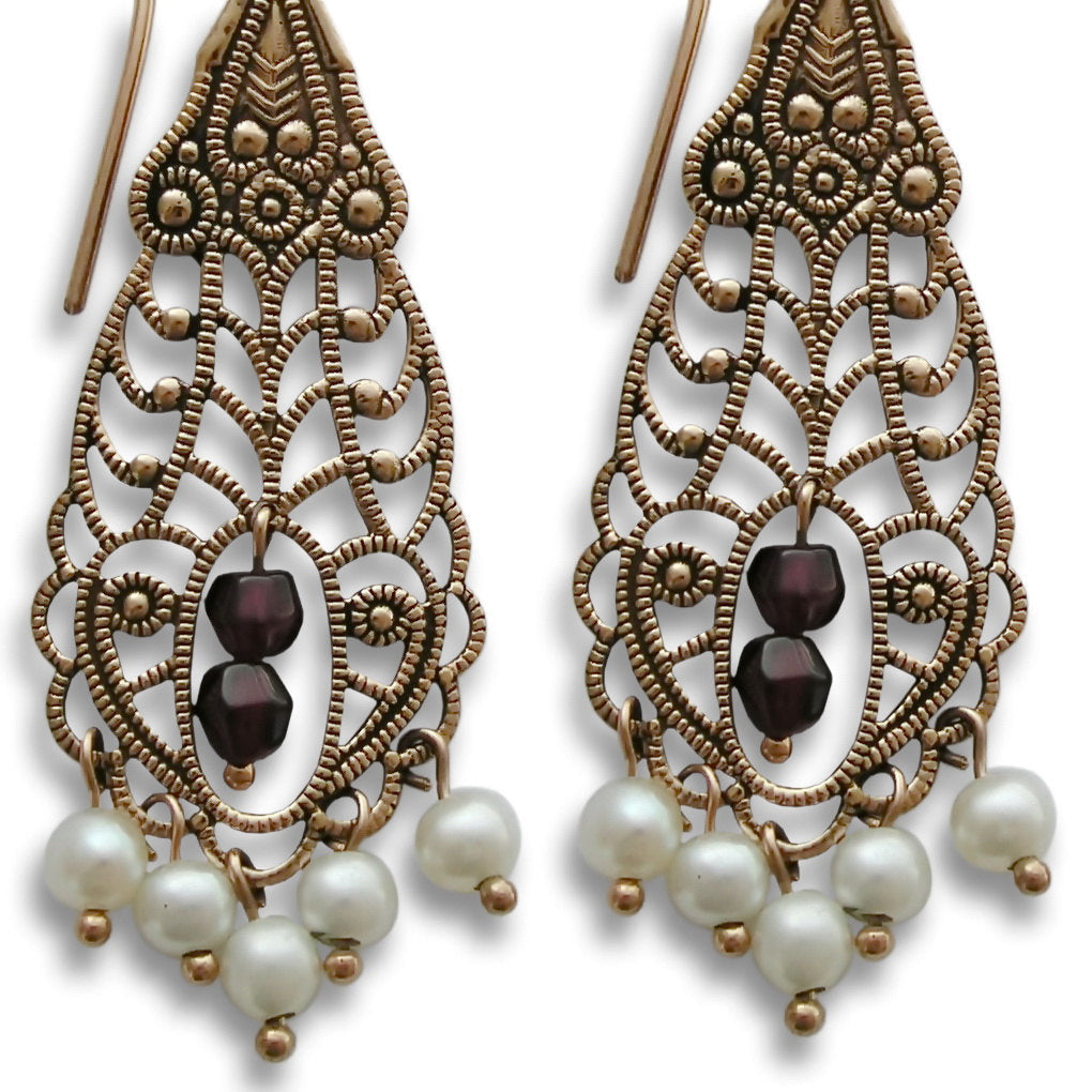 EG0795 Rose Gold Chandelier Earrings with Garnets and Pearls