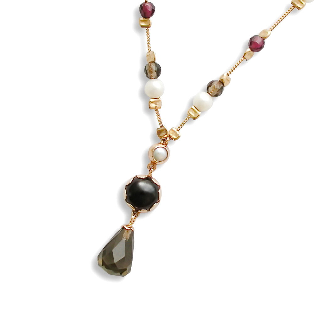 NG0862-1 Gold station necklace with Garnet, Pearls and Smokey Quartz