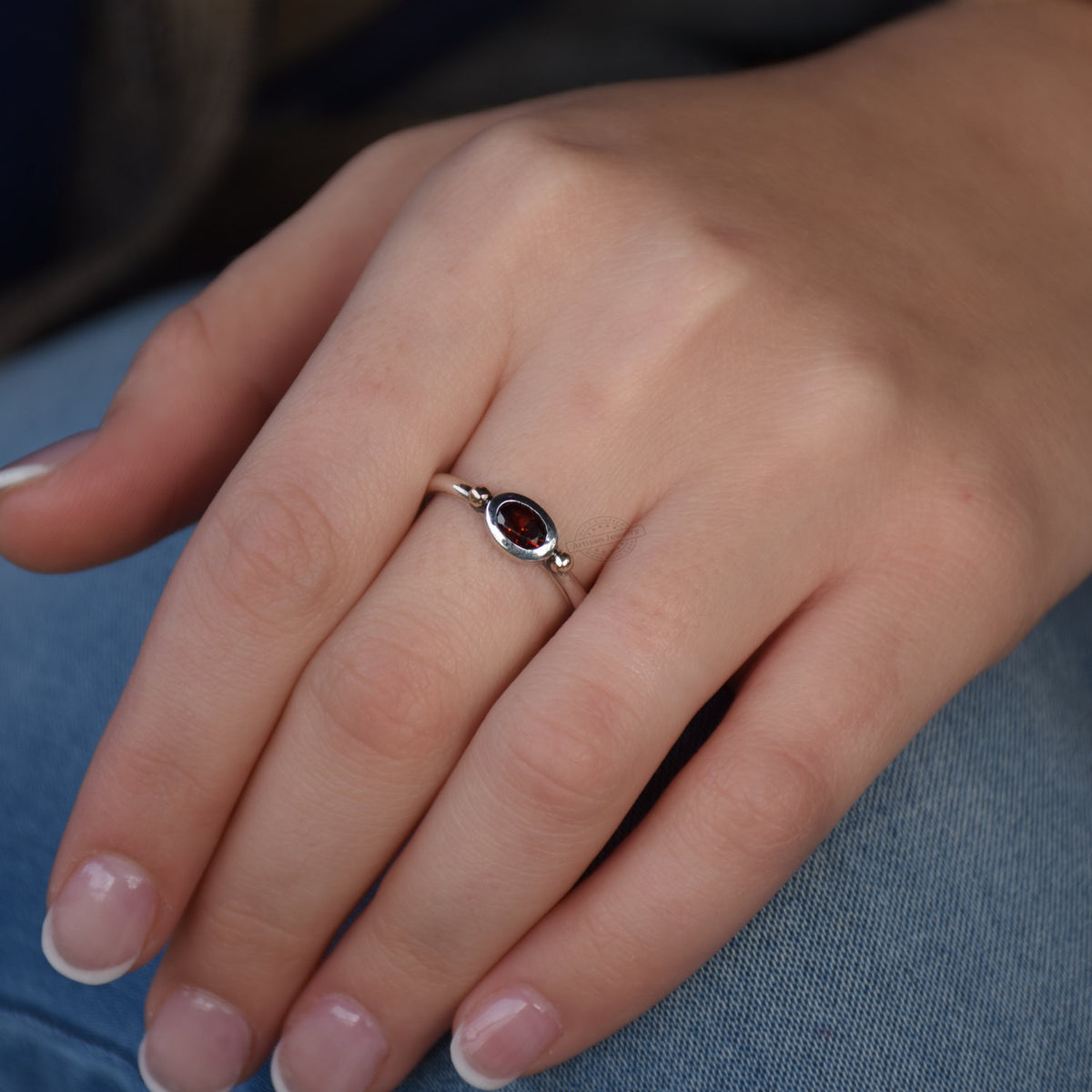 R1801A Dainty Silver Ring with Oval Garnet and Gold Dots