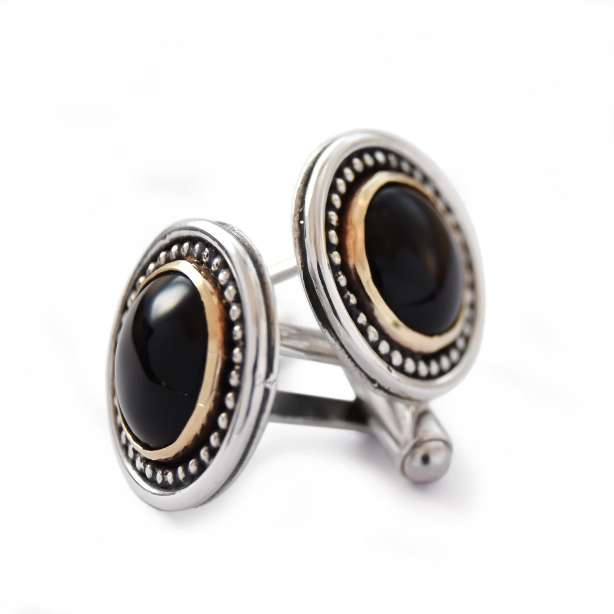 C0289 Round Two Tone Cufflinks with Black Onyx