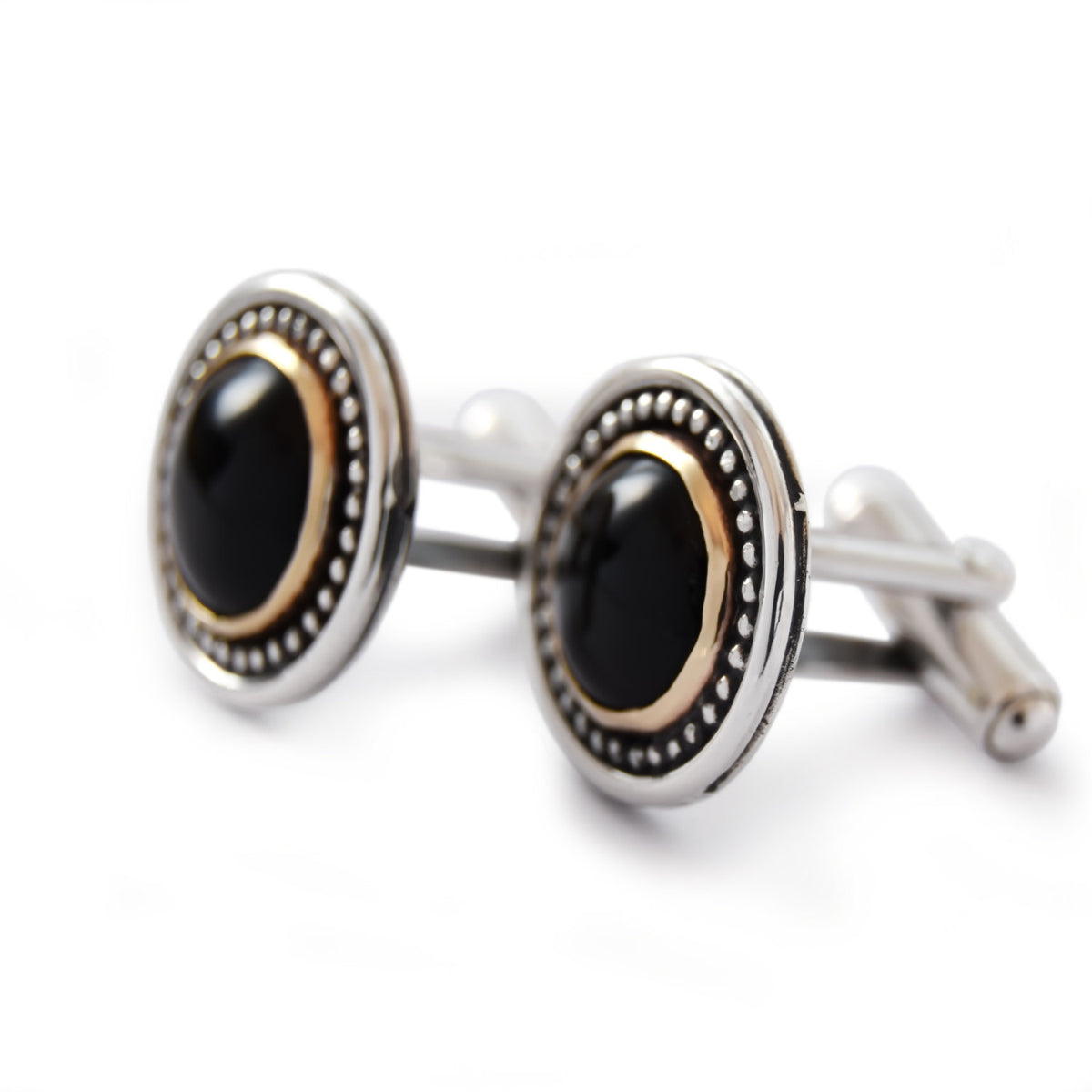 C0289 Round Two Tone Cufflinks with Black Onyx