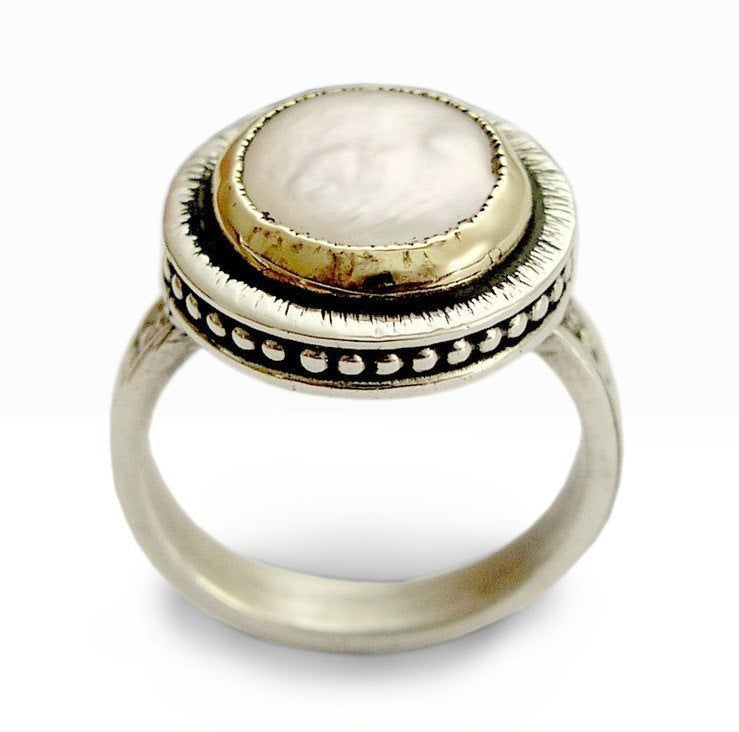 R1455 Dotted silver crown Pearl Ring