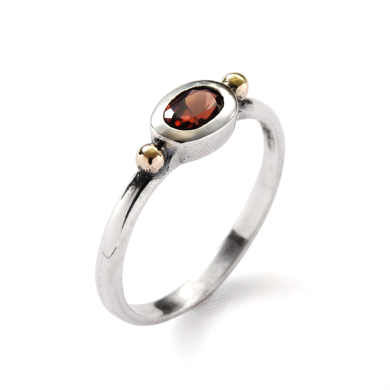 R1801A Dainty Silver Ring with Oval Garnet and Gold Dots
