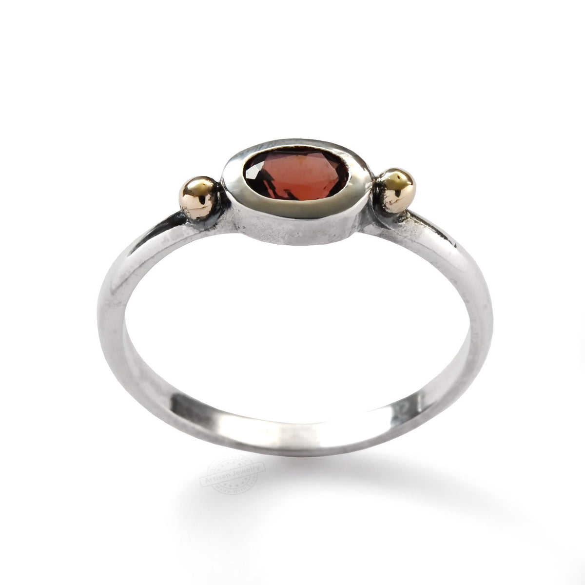 R1801A Dainty Silver Ring with Oval Garnet and Gold Dots