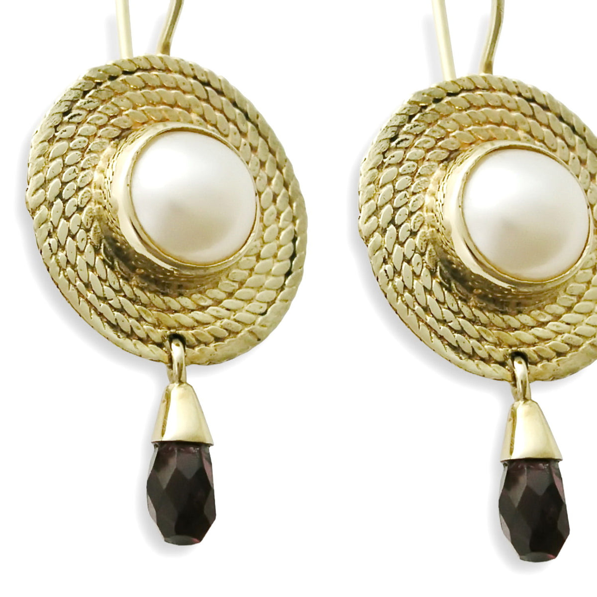 EG0763A Braided Gold Earrings with Pearl and Garnet