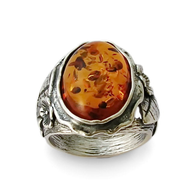 R1771-1 Amber silver flowers ring
